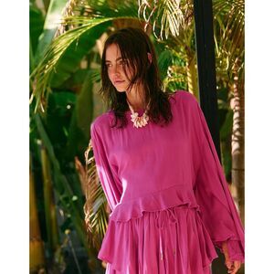 Free People Free Est Delilah Cropped Blouse Top Ruffle Cactus Rose L NWT 284420